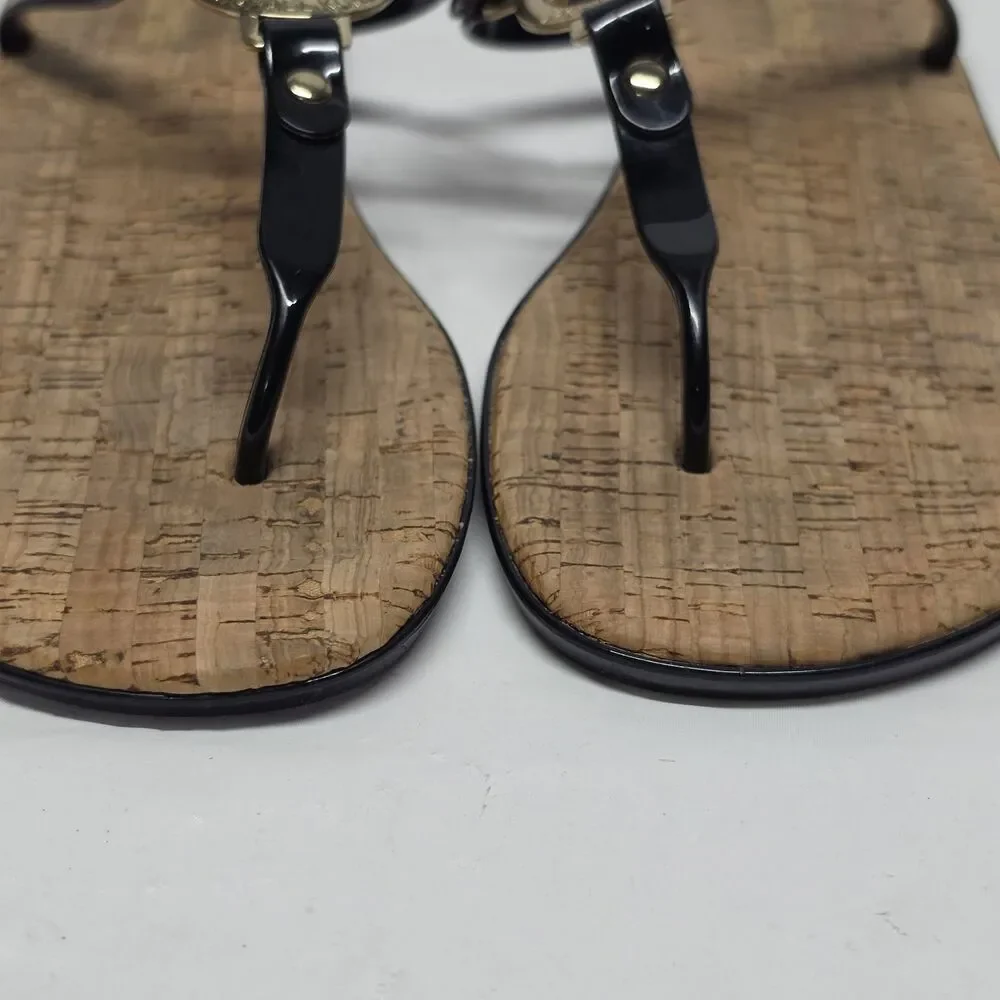 Michael Kors Women's 7 Black Jelly Thong T strap Sandals Gold Logo Cork Insoles